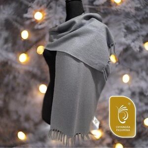 Certified 100%Cashmere Pashmina Nepal Lux Winter Scarf Gray Fringe Handmade NWT